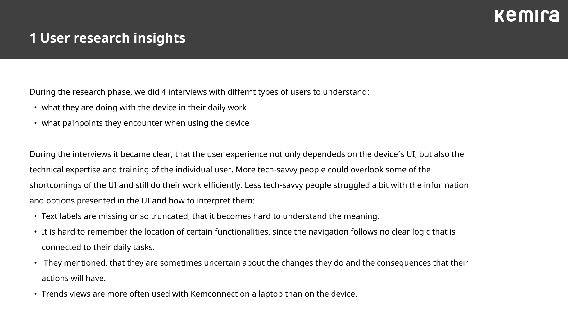 PLC redesign board summarizing user research insights.